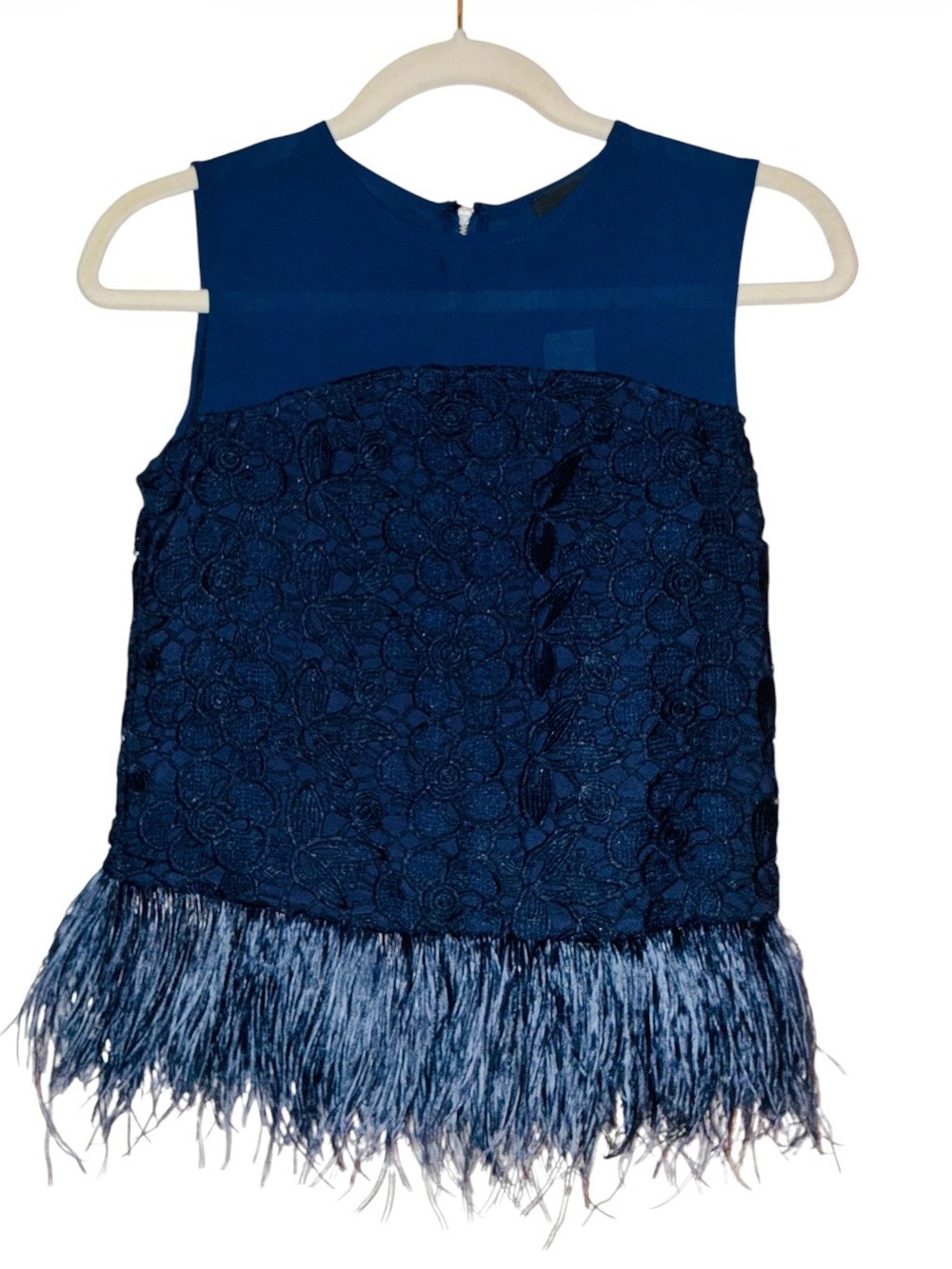 NWT Anthropologie Greylin navy blue sleeveless top w/ feathered fringe hem Sz XS